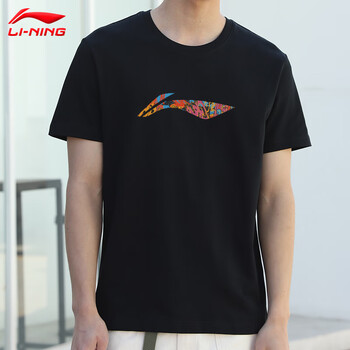 李宁短袖t恤男夏季情侣宽松舒适休闲半袖棉质透气百搭时尚文化衫黑色