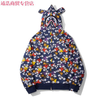 A BATHING APE2023秋冬潮牌新款鲨鱼联名薄绒外套男女情侣卡通兔子耳朵连帽卫衣 深蓝色 M