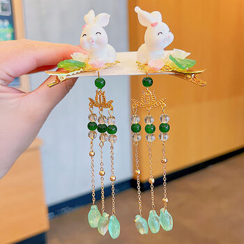 欧阳先生儿童古风发夹中国风玉兔高端发卡发饰古代汉服小公主步摇流苏