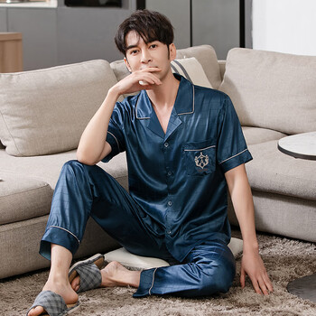 男士睡衣夏天仿真丝绸薄款凉感冰丝睡衣男夏季短袖长裤大码家居服mz