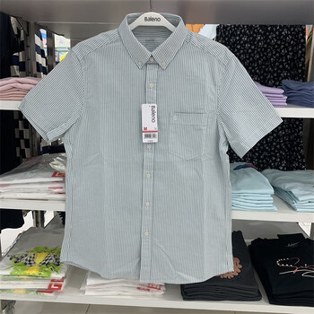 班尼路baleno商务男装上班夏季纯棉口袋小标刺绣短袖条纹衬衫88004024