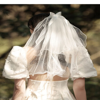 彩陌cqmo白色头纱头饰新娘结婚求婚拍照领证登记蝴蝶结蓬蓬纱女生女童