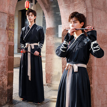 尤克达蒂汉服男古装长袍全套中国风龙纹原创武侠古风书生加大码学生演出服 黑色龙纹 上衣+下裙 XL