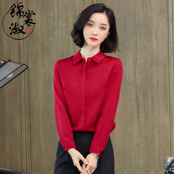 锦裳淑2022春装真丝衬衫女长袖洋气红色缎面重磅杭州丝绸衬衣桑蚕丝