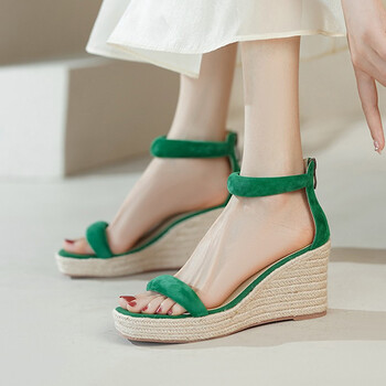 古鑫鳯羊皮坡跟凉鞋女夏新款鞋女超高跟草编台露趾包跟后拉链时装鞋女