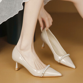 arshfe裸色漆皮高跟鞋女新款6公分小跟尖头不累脚细跟色婚鞋单鞋裸色