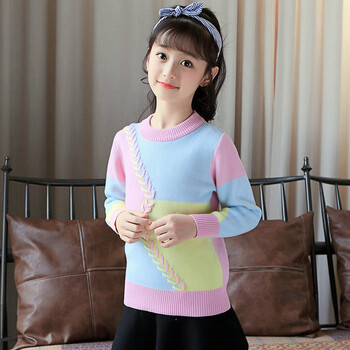 女大童毛衣针织衫8儿童10拼色毛线衫12小学生13女孩15岁 粉红色不加绒