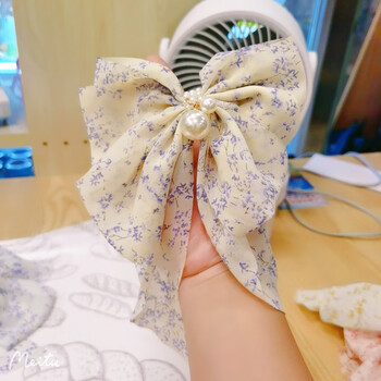 梦想兔碎花珍珠蝴蝶结弹簧夹后脑勺盘发发卡雪纺发夹超仙外出小清新