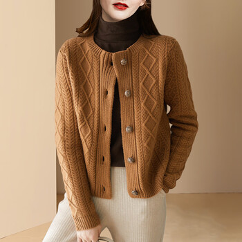 恩希亚欧美名媛慵懒复古麻花毛衣开衫女秋冬2022棕色短款小个子针织
