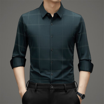 雅弋尔春季男士长袖翻领衬衫印花免烫衬衣青中年商务休闲外套绿色120