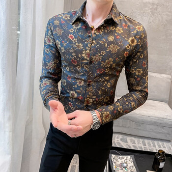 梵侈赫尔轻奢品牌男士花衬衫长袖春季休闲韩版复古小碎花潮流寸衫时尚