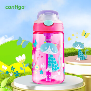 contigo 【精品版】康迪克儿童吸管水杯塑料杯学生防漏运动水杯水瓶400ml 萌宠猫咪（背带+杯刷）