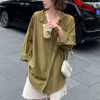 拉夏贝尔homme女士开衫冰丝衬衫薄款雪纺灰色慵懒风罩衫外搭外穿衫女