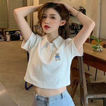 娇媚芙夏天女生露肚子的衣服露肚脐上衣女韩版学生日系polo衫小熊短袖