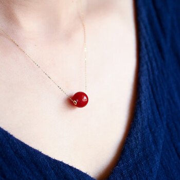 早稻田 18k金南红玛瑙路路通吊坠相思豆单珠男女款锁骨链转运珠项链