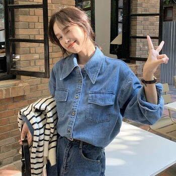 复古设计感牛仔衬衫女秋冬新款长袖宽松文艺港味显瘦上衣外套衬衣2318
