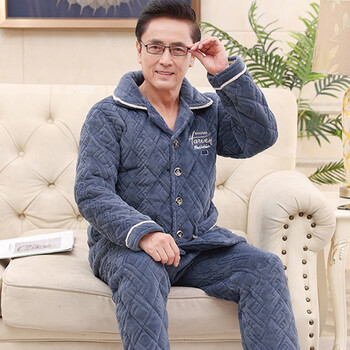 小茶之心冬季男士睡衣三层加厚法兰绒夹棉家居服睡衣中老年爸爸加绒