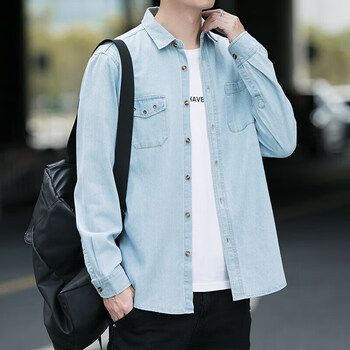 耀概以纯衬衫男装新款休闲百搭男士牛仔长袖衬衣色文艺小清新男式浅
