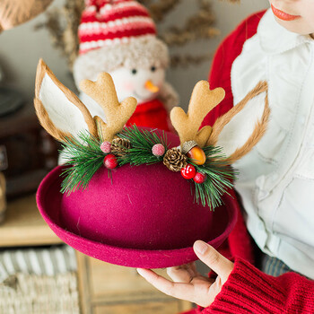 圣诞帽潮流 秋冬女帽子森女系狐狸耳朵麋鹿角手工花朵羊毛贝雷帽画家