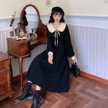 【保暖显瘦】【女装新款】秋季灯芯绒复古娃娃领蝴蝶结裙子2021年新款韩版腰带文艺连衣裙女【有运费险】 酒红色 L