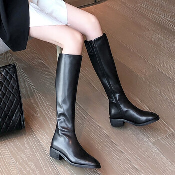 蓝马公主 欧美风全牛皮中高筒靴女长筒靴女靴子2023秋冬复古马靴女骑士靴 黑色（单里） 36