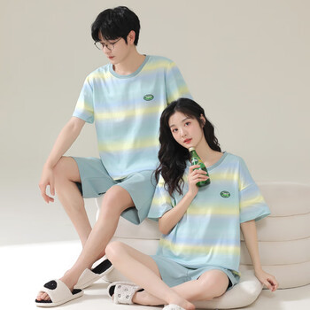 nqsq男士睡衣女夏季情侣装一男一女款纯棉短袖短裤可爱大码男款家居服