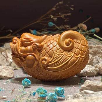 仙佳艺 太行崖柏鱼化龙手把件陈化料红油黑油料高油密把玩木雕摆件 长