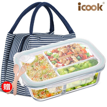 韩式icook长方形带分隔玻璃饭盒微波炉烤箱可用保鲜盒分格便当密封碗保温便当饭盒套装三分隔白1010ml 图片价格品牌报价 京东