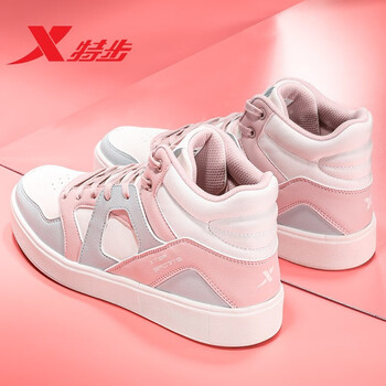 特步女鞋高帮板鞋女秋季冬季学生百搭休闲韩版女鞋米粉37