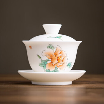 聚山堂德化白瓷羊脂玉瓷三才盖碗手绘茶碗单个高档功夫泡茶碗礼盒装