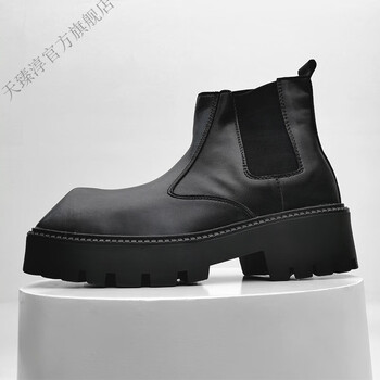 网红巴黎犀l牛角方头马丁靴男小众高街风厚底切尔西短靴中帮工装鞋