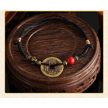 君狮五帝钱手链纯铜铜钱编织顺治乾隆铜币首饰红绳情侣脚链礼物黑绳