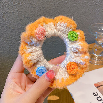 儿童大肠发圈编织毛线发绳花朵可爱发饰扎马尾头绳女童橡皮筋3淡橘