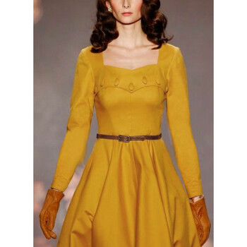 【非质量问题不退不换】原创设计师女装女巫和骑士洋气减龄收腰连衣裙黄色大摆连衣裙打底裙秋冬新款 黄 L