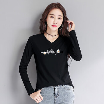 时尚显瘦女装v领长袖t恤女韩版95棉打底衫休闲女上衣服黑色不加绒3xl