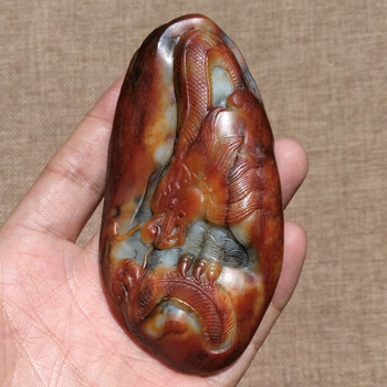 新疆和田玉红沁籽料龙手把件枣红皮白玉龙腾四海玉石把件