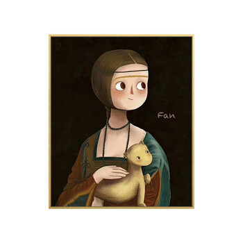 玖福世界名画卡通版儿童房挂画戴珍珠耳环的少女卧室壁画ins装饰画 b