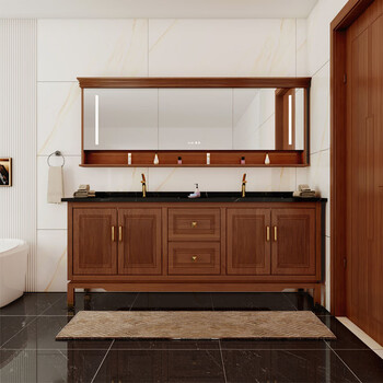 恒洁卫浴新中式浴室柜组合卫浴双盆落地柜橡木岩板洗手洗脸洗漱台盆柜