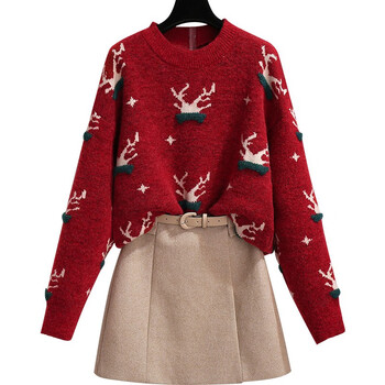 倩茵诗 红色新年圣诞套装女2021秋冬新款女装韩版时尚宽松复古慵懒风针织衫毛衣短裙两件套套装裙p52 毛衣 S(建议100斤以下)