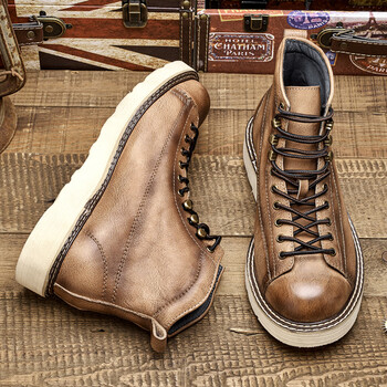 羚步 秋冬牛皮靴子男短靴复古中帮工装靴英伦马丁靴男加绒高帮保暖厚底男靴 杏色 40