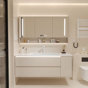 可丽耐一体盆浴室柜组合奶油风卫生间洗漱台实木洗脸洗手盆 90cm 智能