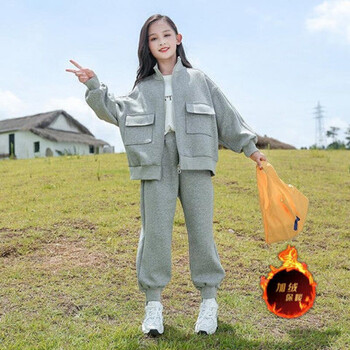 小学生衣服女女童运动2021秋冬韩版加绒中大童灰色加绒套装霸气小朋友