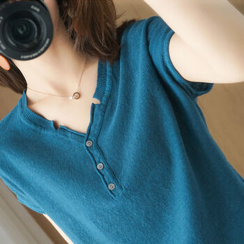 fiery youth纯棉t恤女士夏季新款韩版宽松v领简约休闲薄款针织短袖