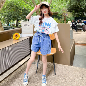 哈熙牛童装女童夏季套装夏装洋气儿童衣服女812岁女孩牛仔短裤两件套9