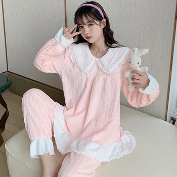 公主风秋冬女生加厚保暖甜美可爱女士睡衣可外穿套装cws8868虾粉l