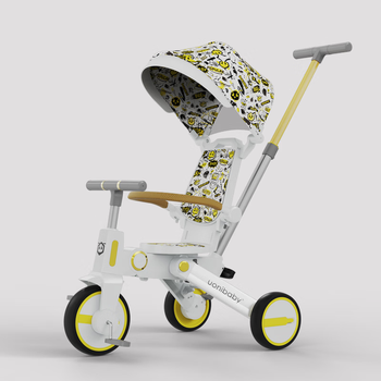 uonibaby儿童三轮车溜娃神器婴儿手推车带安全带可换向折叠轻便宝宝脚踏车 白色涂鸦圆棚