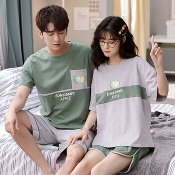 岁岁靓情侣睡衣女夏季圆领高档透气男士短袖短裤套头家居服套装韩版