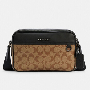 送男友蔻驰coach奢侈品男士小号单肩斜挎包浅棕配黑色pvc配皮c4149qbk