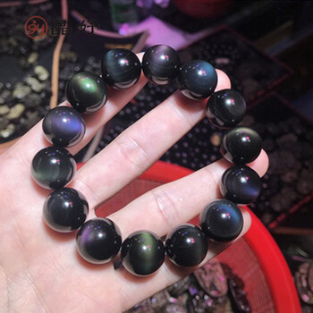 晶妤天然黑曜石手串男墨西哥彩虹绿紫眼黑曜石水晶手链女情侣款8mm