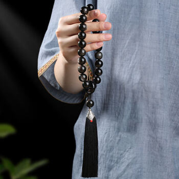 【捡漏 】黑曜石手持手串男念珠盘玩猫眼银曜石手捻佛珠文玩流苏吊坠